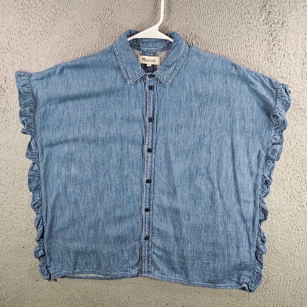 Madewell Womens Blue Cotton Linen Ruffle Side Button Front Denim Top Small